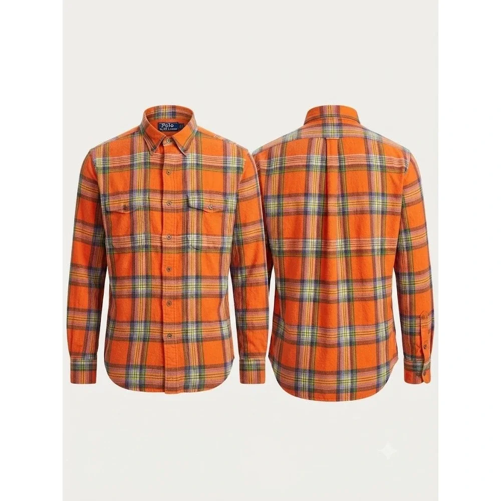 Polo Ralph Lauren Shirt Mens L Orange Plaid Classic Fit 100% Linen Button Down